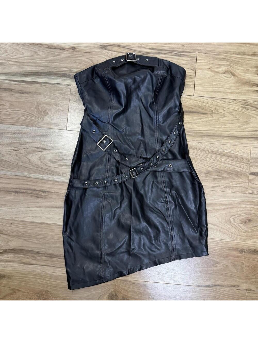 Disturbia Black PU Faux Leather Buckle Strap Strapless Mini Goth Dress